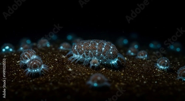 Fototapeta Enigmatic marine invertebrates illuminating the ocean floor at night