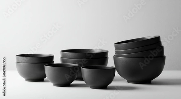 Fototapeta Elegant Arrangement of Matte Black Bowls for Modern Tableware Collection