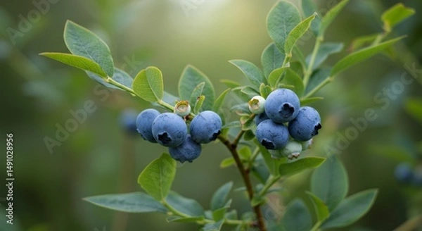 Fototapeta Close up view on blueberries on the tree, with fresh green leaves around