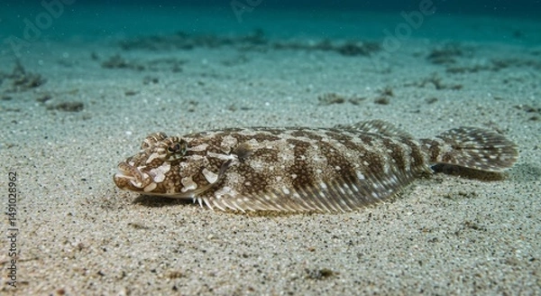 Fototapeta Camouflaged flounder resting on sandy seabed, showcasing its patterned skin