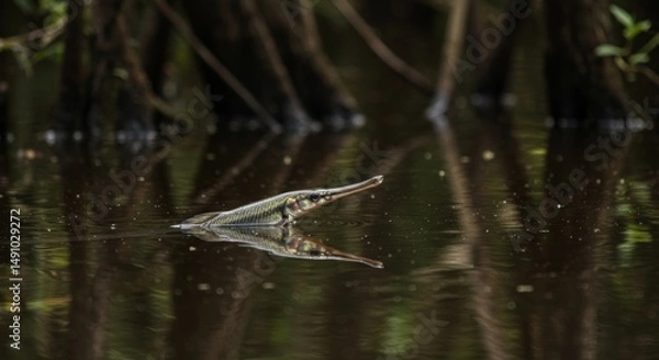 Fototapeta Elegant garfish gracefully surfaces in a serene aquatic habitat image