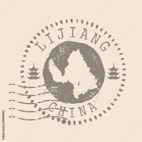Fototapeta Stamp Postal of Lijiang is city of China. Map Silhouette rubber Seal.  Design Retro Travel. Seal  Map of Lijiang grunge  for your design. China. EPS10