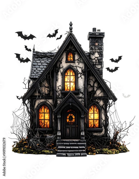 Obraz Detailed Illustration of A Gothic House with Glowing Windows and Bats Against Transparent Background