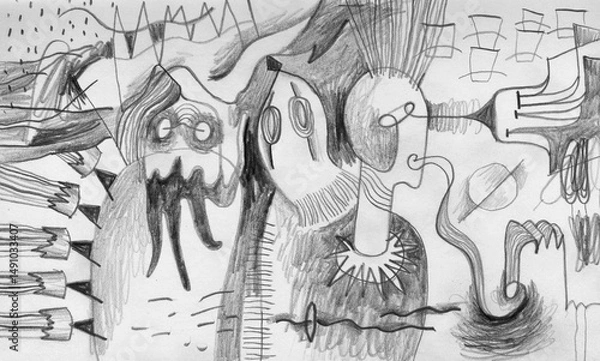 Fototapeta Surreal pencil drawing with mystical creatures and subconscious symbols. Abstract art exploring dreams, occult, and inner psyche with expressive naive lines and psychological depth.