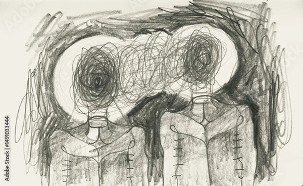 Fototapeta Surreal pencil drawing with mystical creatures and subconscious symbols. Abstract art exploring dreams, occult, and inner psyche with expressive naive lines and psychological depth.