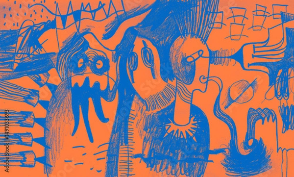 Fototapeta Surreal pencil drawing with mystical creatures and subconscious symbols. Abstract art exploring dreams, occult, and inner psyche with expressive naive lines and psychological depth.