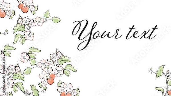 Obraz Vector background for banners in romantic style. On a white background, colored branches decorated with leaves and delicate flowers drawn with lines. The inscription is isolated from the background.