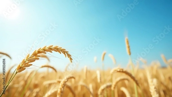 Fototapeta A close-up view of golden wheat ears gently swaying in the warm breeze under a wide, clear blue sky. Generative Ai.