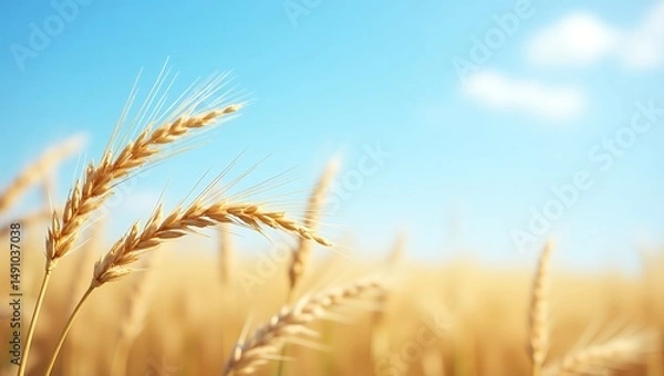 Fototapeta A close-up view of golden wheat ears gently swaying in the warm breeze under a wide, clear blue sky. Generative Ai.