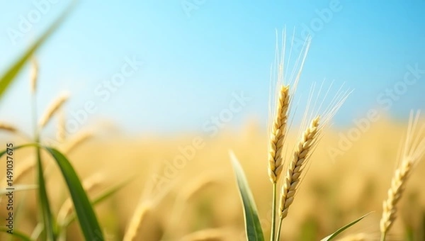 Fototapeta A close-up view of golden wheat ears gently swaying in the warm breeze under a wide, clear blue sky. Generative Ai.