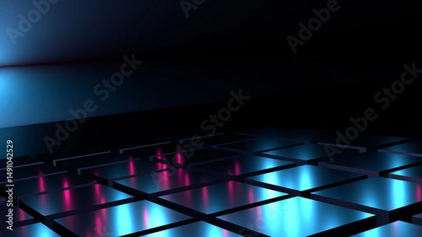 Fototapeta Dark abstract background with 3d cube, neon, light lines