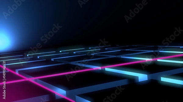 Fototapeta Dark abstract background with 3d cube, neon, light lines