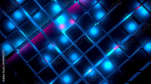 Fototapeta Dark abstract background with 3d cube, neon, light lines