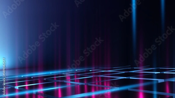 Fototapeta Dark abstract background with 3d cube, neon, light lines