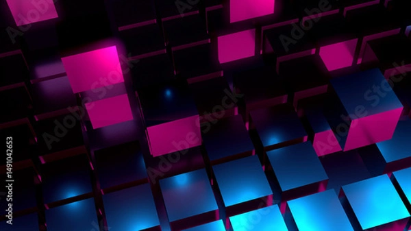Fototapeta Dark abstract background with 3d cube, neon, light lines