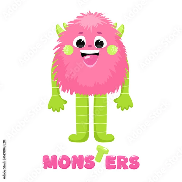 Obraz Cute fluffy and happy monster, children's monster with print, friendly character