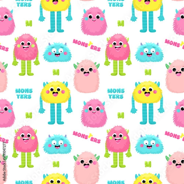 Obraz Seamless pattern with cute fluffy monsters, children's print