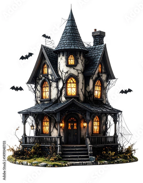 Fototapeta Spooky illustration of a gothic haunted house with glowing windows on transparent background. Features a dark, detailed structure with bats, fog, and an eerie atmosphere.