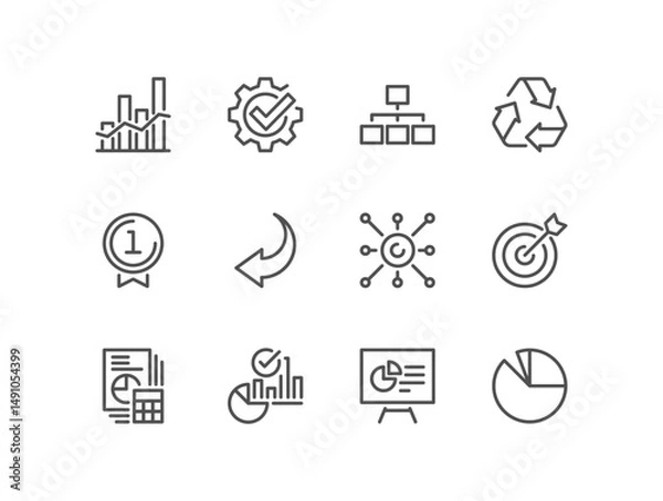 Fototapeta Set of business strategy success related icons, growth and planning symbols, target achievement, financial progress, leadership vision, teamwork and performance metrics and linear variety vectors.