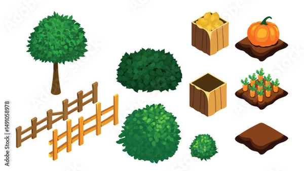 Obraz Set of vector isometric stickers dedicated to carefree summer on the farm. Each sticker is isolated from the background.
