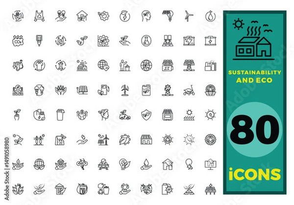 Fototapeta 80 of Sustainability and ECO icon collection, with editable stroke. 80 of Sustainability and ECO thin line icon set. Vector illustration.