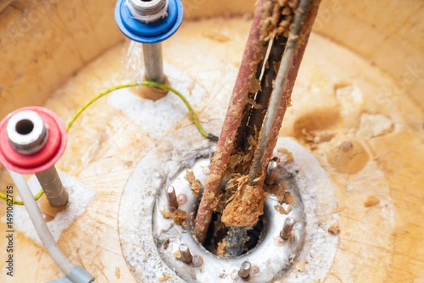 Fototapeta Corrosion and mineral deposits on the heating element of an electric boiler. Boiler maintenance and repair
