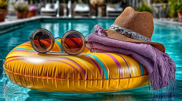 Fototapeta  Colorful inflatable ring with sunglasses, towel, and sun hat floating at outdoor pool edge in bright summer sunlight. A vibrant inflatable ring floats at the edge of an outdoor pool alongside sunglas