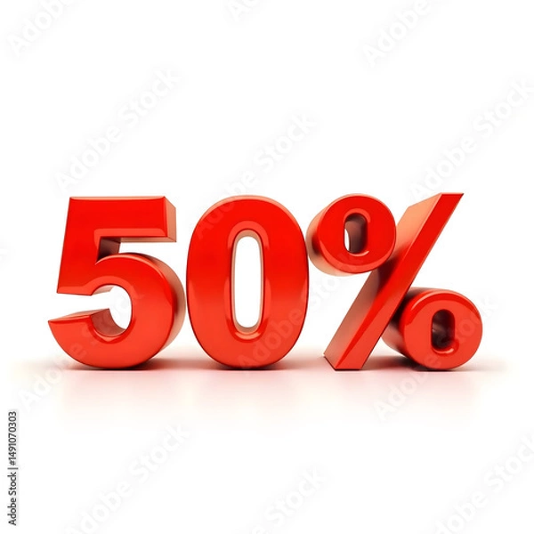 Fototapeta 3D bold text showing '50%' in large, glossy red letters. The numbers and percentage symbol should have a realistic 3D look with highlights and shadows, giving them depth and dimension.
