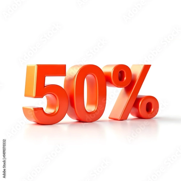 Fototapeta 3D bold text showing '50%' in large, glossy red letters. The numbers and percentage symbol should have a realistic 3D look with highlights and shadows, giving them depth and dimension.