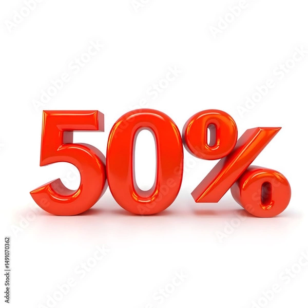 Fototapeta 3D bold text showing '50%' in large, glossy red letters. The numbers and percentage symbol should have a realistic 3D look with highlights and shadows, giving them depth and dimension.