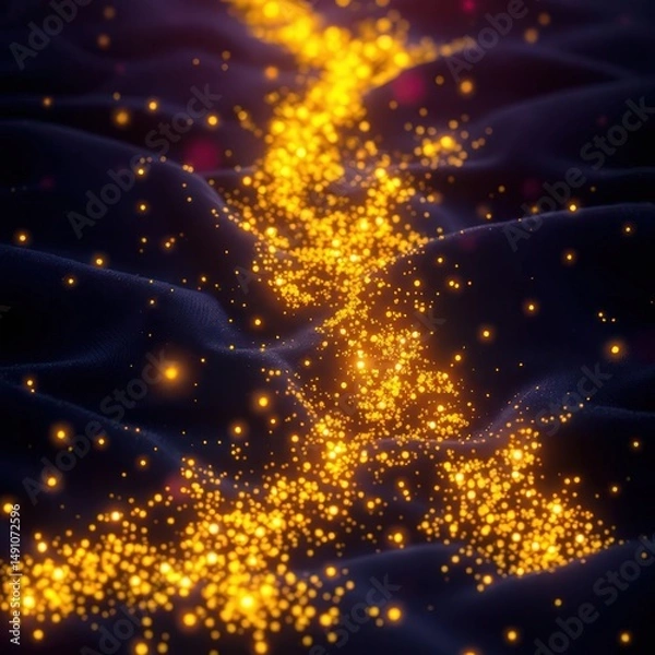 Obraz Glowing path of golden particles weaving through dark waves at night, evoking a sense of magic and tranquility