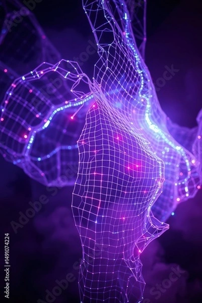 Obraz Futuristic mesh fabric illuminated by colorful lights creates a captivating digital art piece in a dark atmosphere