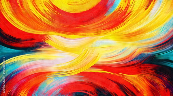 Obraz Abstract background featuring swirling strokes of vibrant red, yellow, gold and blue paint, great for backgrounds, and design