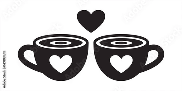 Obraz Two Coffee Cups with Hearts – Cute Couple Illustration in Black and White