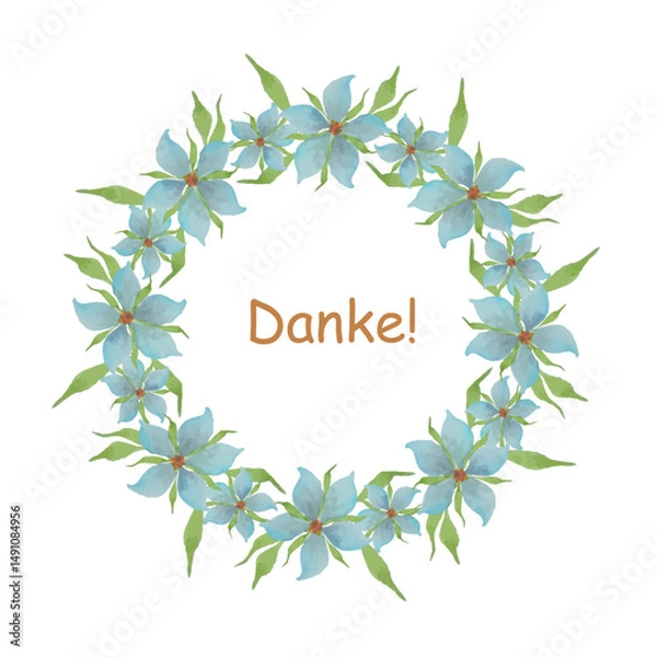 Fototapeta Danke banner. Blue flowers watercolor wreath green leaves pattern on white stock vector illustration for web, for print, poostcarde