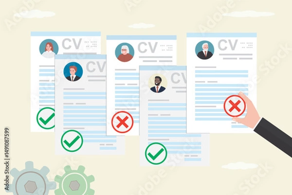 Fototapeta Problems of aging and employment discrimination, inequality in rights and difficulties in career for older people. HR agent hand examining candidates resumes