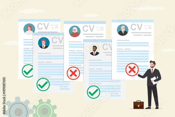 Fototapeta Problems of aging and employment discrimination, inequality in rights and difficulties in career for older people. HR agent or boss examining candidates resumes
