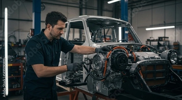 Fototapeta Mechanic inspects automotive engine in workshop assembling vehicle repairing component detail