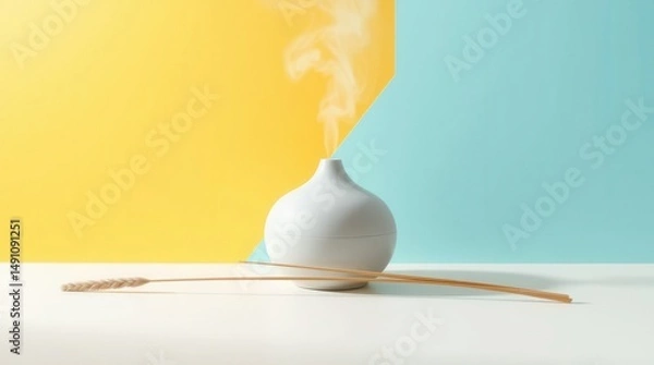 Fototapeta Aroma diffuser with light steam on a yellow and blue background next to two sticks of wheat grass.
