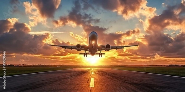 Obraz Airplane taking off from wet runway during vivid sunset with dramatic cloudscape.