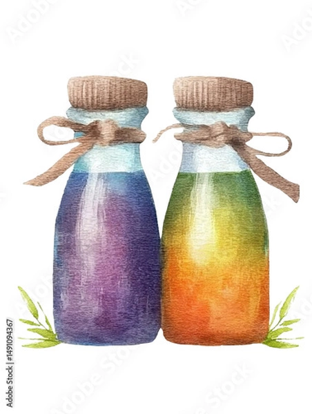 Fototapeta Two watercolor bottles with colorful liquids, tied with twine bows, on a transparent background. Purple and rainbow gradient colors are featured. Simple green sprigs frame the bottles.