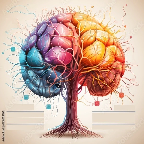 Fototapeta Image of tree roots trunk multicolored crown lobes of the brain symbolize mental health of a person balance equilibrium body emotions