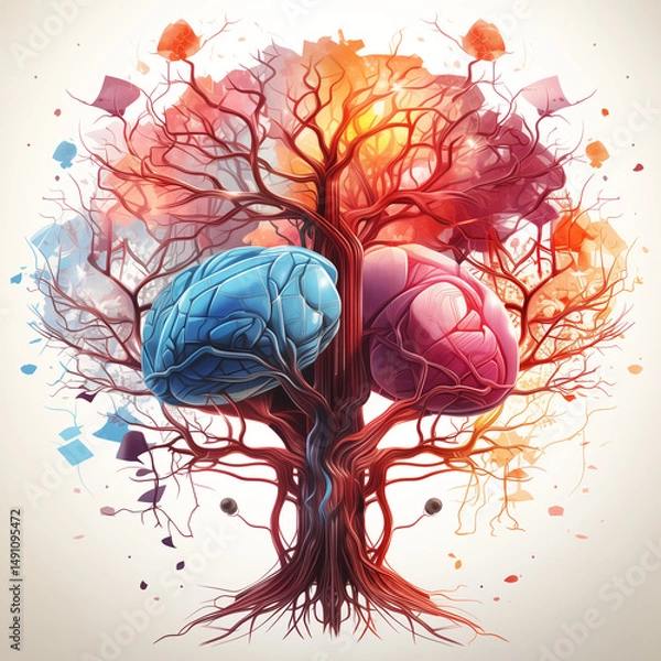 Fototapeta Image of tree roots trunk multicolored crown lobes of the brain symbolize mental health of a person balance equilibrium body emotions