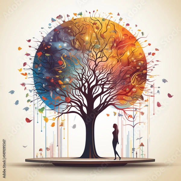 Fototapeta The image of a silhouette of a girl near a tree trunk with a multi-colored crown, a symbol of a person's mental health, the psychological state of the body and emotions.