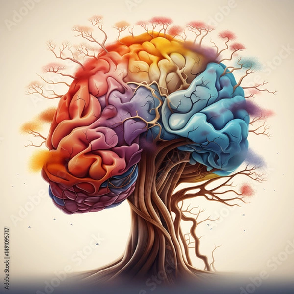 Fototapeta Image of a tree trunk multi-colored crown in the form of a brain symbolize mental health of a person balance equilibrium body emotions