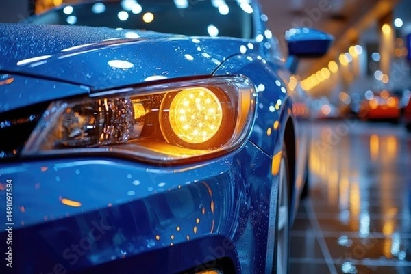 Obraz Close-up view of a modern blue car's illuminated headlight.