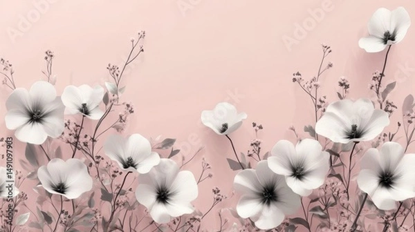 Obraz Delicate white flowers and foliage on a pale pink backdrop.