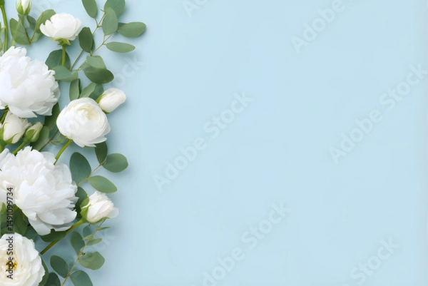 Obraz Background with fresh white flowers and copy space. Flowers placed on the solid background.