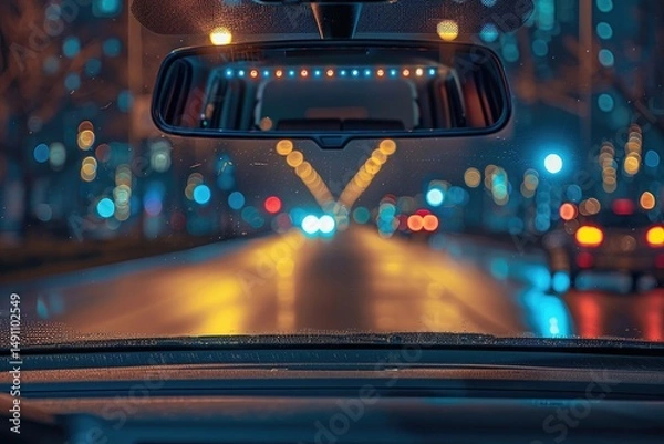 Obraz Nighttime city street view reflected in car's interior rearview mirror.