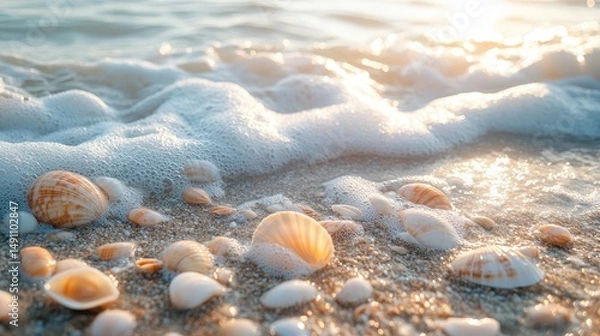 Obraz Seashells on a sandy beach wash by waves in the morning light.